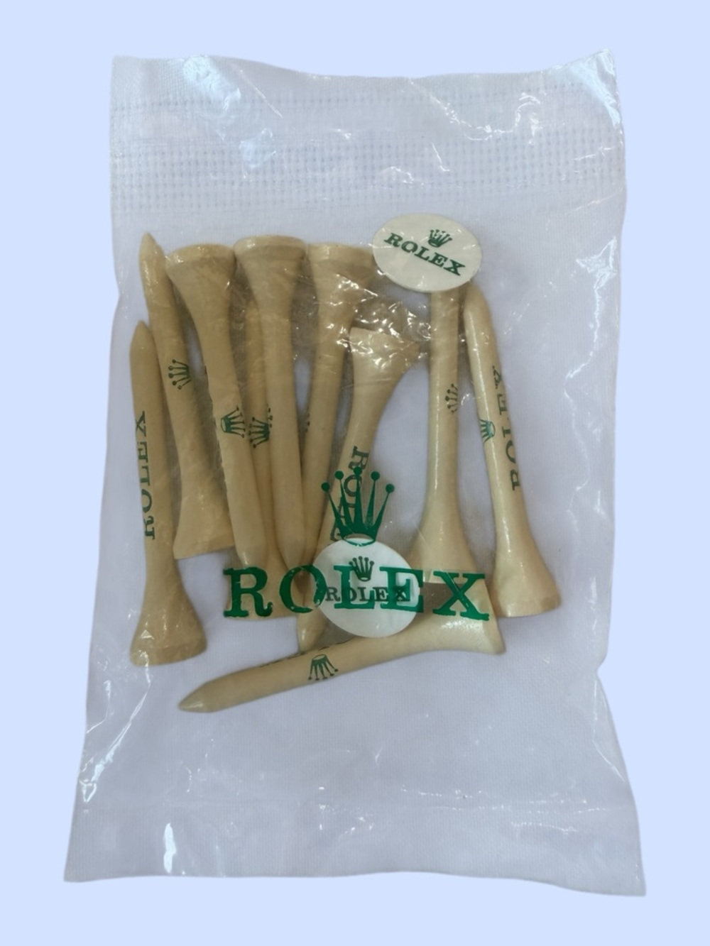 Rolex Branded Ten Golf Tees & Two Ball Markers Green Lettering Crown Logo Sealed